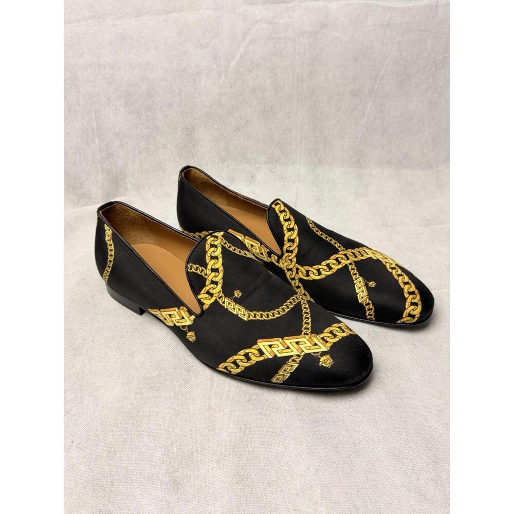 Versace La Greca Chain Print Loafers Black Gold Silk Textile Men’s SZ 41 US 8